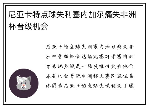 尼亚卡特点球失利塞内加尔痛失非洲杯晋级机会